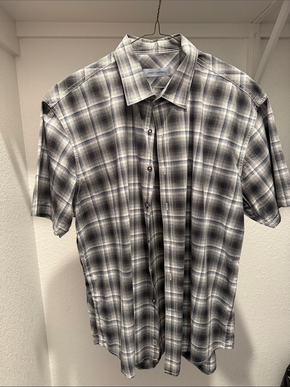 James Campbell Black and Gray Plaid Short Sleeve Button-Down Shirt